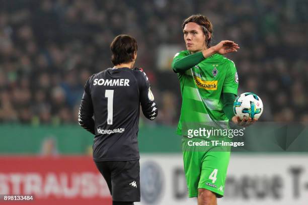 Jannik Vestergaard of Moenchengladbach gestures during the DFB Cup match between Borussia Moenchengladbach and Bayer Leverkusen at Borussia-Park on...