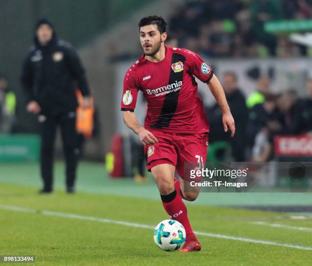Kevin Volland of Leverkusen controls the ball during the DFB Cup match between Borussia Moenchengladbach and Bayer Leverkusen at Borussia-Park on...
