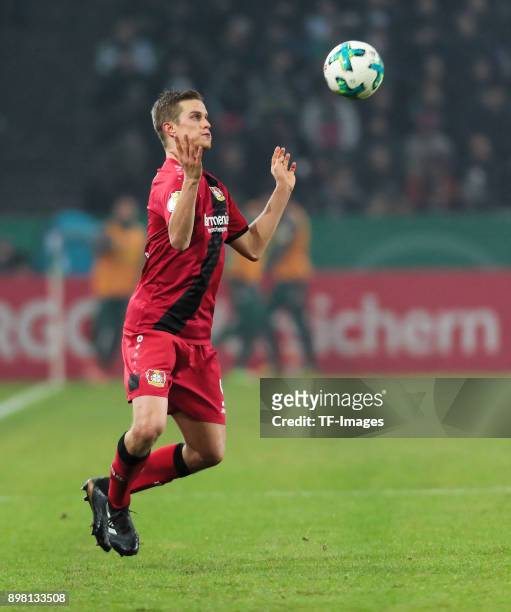Sven Bender of Leverkusen controls the ball during the DFB Cup match between Borussia Moenchengladbach and Bayer Leverkusen at Borussia-Park on...