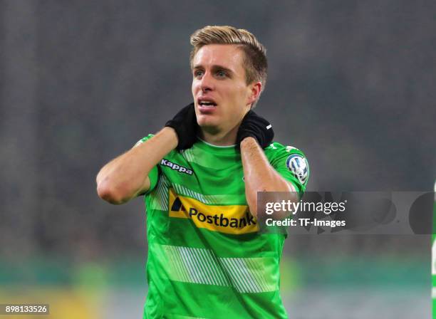 Patrick Herrmann of Moenchengladbach looks dejected during the DFB Cup match between Borussia Moenchengladbach and Bayer Leverkusen at Borussia-Park...