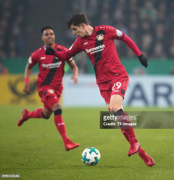 Kai Havertz of Leverkusen controls the ball during the DFB Cup match between Borussia Moenchengladbach and Bayer Leverkusen at Borussia-Park on...