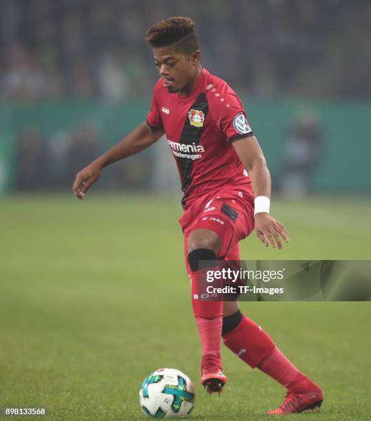Leon Bailey of Leverkusen controls the ball during the DFB Cup match between Borussia Moenchengladbach and Bayer Leverkusen at Borussia-Park on...