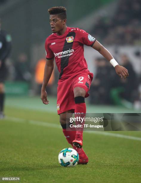 Leon Bailey of Leverkusen controls the ball during the DFB Cup match between Borussia Moenchengladbach and Bayer Leverkusen at Borussia-Park on...