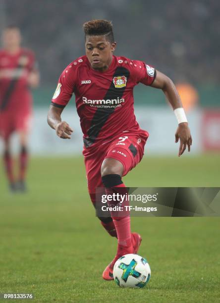 Leon Bailey of Leverkusen controls the ball during the DFB Cup match between Borussia Moenchengladbach and Bayer Leverkusen at Borussia-Park on...