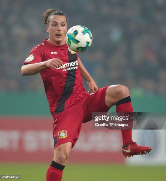 Kevin Volland of Leverkusen controls the ball during the DFB Cup match between Borussia Moenchengladbach and Bayer Leverkusen at Borussia-Park on...