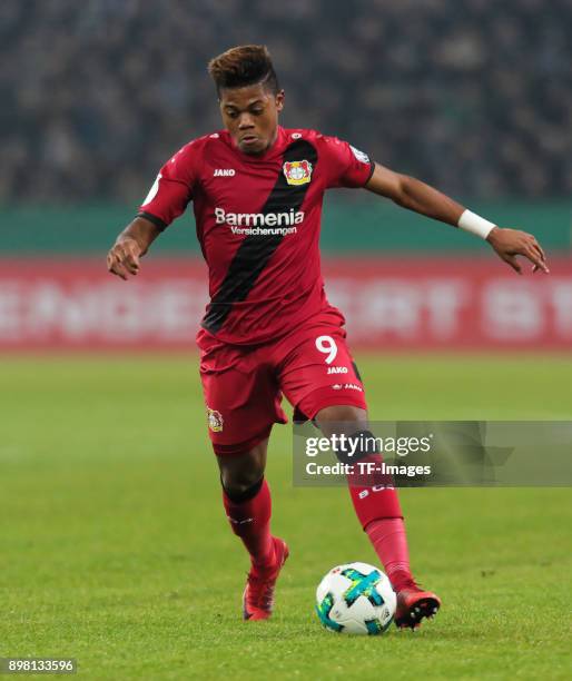 Leon Bailey of Leverkusen controls the ball during the DFB Cup match between Borussia Moenchengladbach and Bayer Leverkusen at Borussia-Park on...