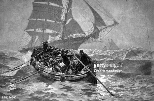 boat seafarers are trying to get to the ship during a storm at sea -1896 - effort stock illustrations