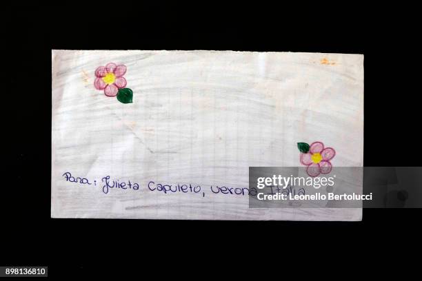 Detail of a letter sent to Juliet is displayed in Via Cappello 23, which is today known as “Juliet’s House” on November 20, 2017 in Verona, Italy....