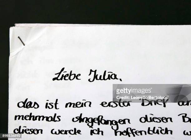 Detail of a letter sent to Juliet is displayed in Via Cappello 23, which is today known as “Juliet’s House” on November 20, 2017 in Verona, Italy....