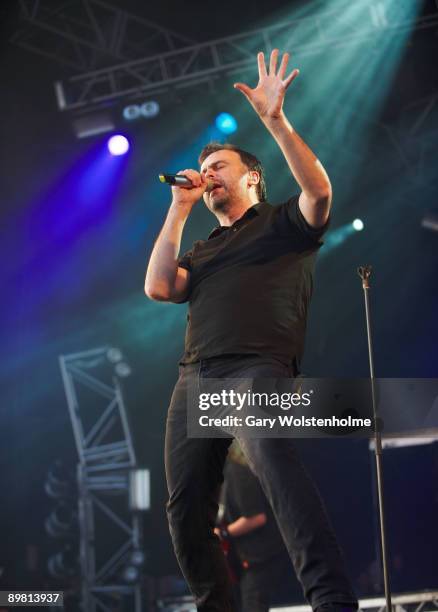 Hansi Kursch of Blind Guardian performs on stage on the second day of Bloodstock Open Air festival at Catton Hall on August 15, 2009 in Derby,...