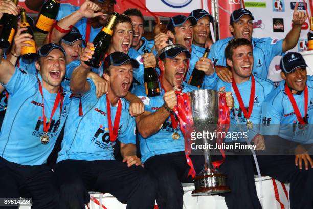 Michael Yardy the captain of Sussex County Cricket Club lifts the Trophy after winning the Twenty20 Cup Final between Somerset and Sussex at...