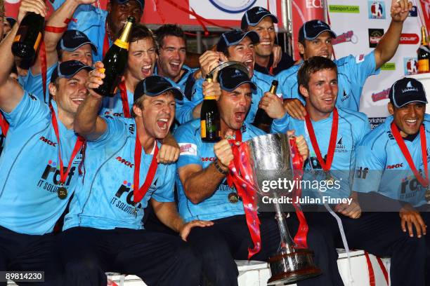 Michael Yardy the captain of Sussex County Cricket Club lifts the Trophy after winning the Twenty20 Cup Final between Somerset and Sussex at...