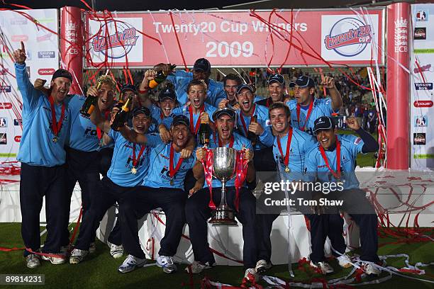 Michael Yardy the captain of Sussex County Cricket Club lifts the Trophy after winning the Twenty20 Cup Final between Somerset and Sussex at...