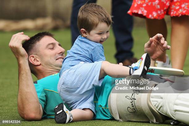 Shaun Marsh plays with son Austin during the Australian nets session at the on December 25, 2017 in Melbourne, Australia.