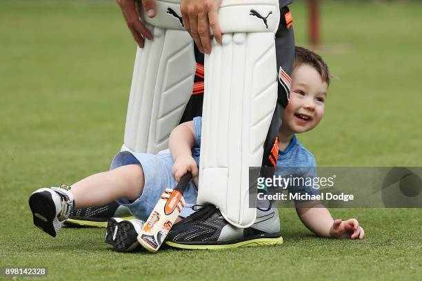 Shaun Marsh plays with son Austin during the Australian nets session at the on December 25, 2017 in Melbourne, Australia.