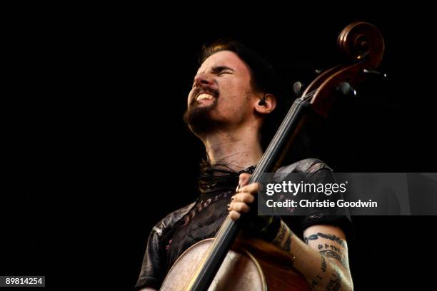 Perttu Kivilaakso of Apocalyptica performs on stage on the second day of Bloodstock Open Air festival at Catton Hall on August 15, 2009 in Derby,...