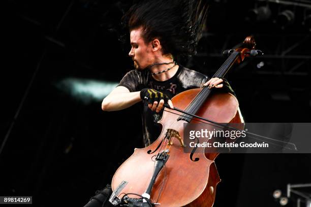 Perttu Kivilaakso of Apocalyptica performs on stage on the second day of Bloodstock Open Air festival at Catton Hall on August 15, 2009 in Derby,...