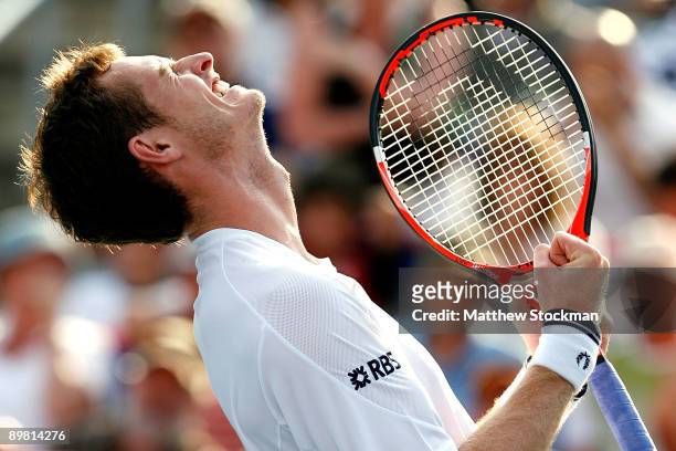 Andy Murray of Great Britain celebrates match point against Jo-Wilfried Tsonga of France during the semifinals of the Rogers Cup at Uniprix Stadium...