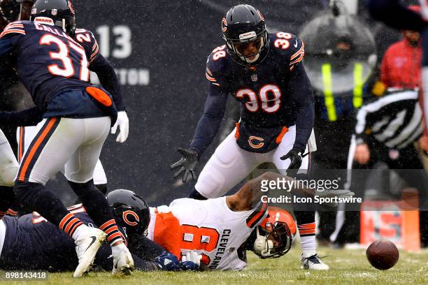 Cleveland Browns wide receiver Rashard Higgins fumbles the ball that is recovered by Chicago Bears cornerback Prince Amukamara during the game...