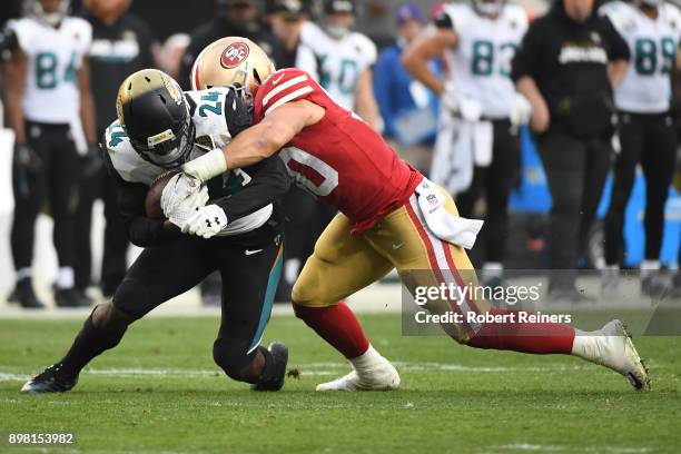 Yeldon of the Jacksonville Jaguars is tackled by Brock Coyle of the San Francisco 49ers during their NFL game at Levi's Stadium on December 24, 2017...