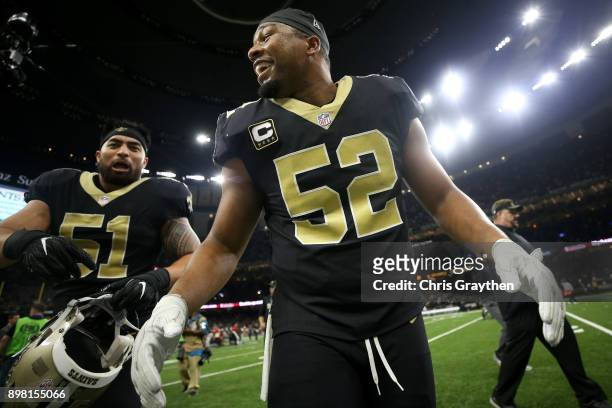 Craig Robertson of the New Orleans Saints celebrates after defeating the Atlanta Falcons at Mercedes-Benz Superdome on December 24, 2017 in New...