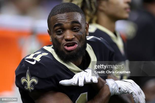 Tommylee Lewis of the New Orleans Saints looks on during the game against the Atlanta Falcons at Mercedes-Benz Superdome on December 24, 2017 in New...
