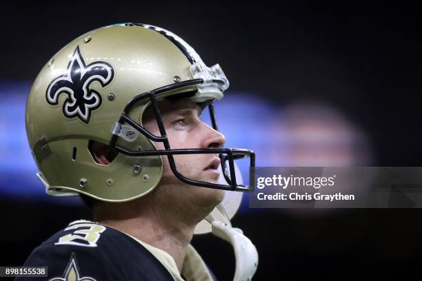 Wil Lutz of the New Orleans Saints looks on during the game against the Atlanta Falcons at Mercedes-Benz Superdome on December 24, 2017 in New...