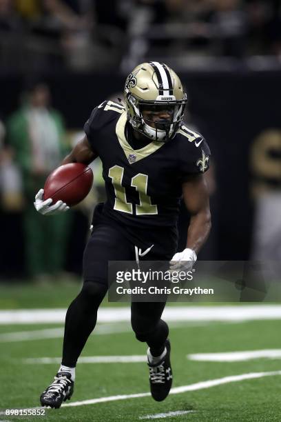 Tommylee Lewis of the New Orleans Saints in action against the Atlanta Falcons at Mercedes-Benz Superdome on December 24, 2017 in New Orleans,...