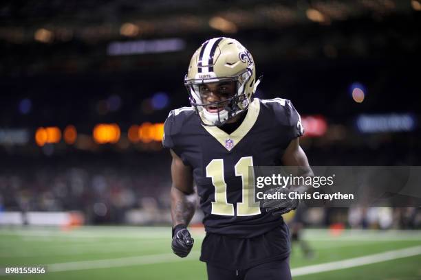 Tommylee Lewis of the New Orleans Saints in action against the Atlanta Falcons at Mercedes-Benz Superdome on December 24, 2017 in New Orleans,...