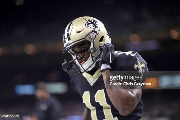 Tommylee Lewis of the New Orleans Saints in action against the Atlanta Falcons at Mercedes-Benz Superdome on December 24, 2017 in New Orleans,...