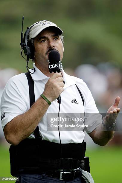 David Feherty of CBS Sports reports the play during the third round of the 91st PGA Championship at Hazeltine National Golf Club on August 15, 2009...