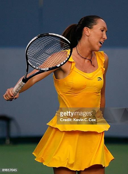 Jelena Jankovic of Serbia reacts after losing a point to Elena Dementieva of Russia during the semifinals of the Western & Southern Financial Group...