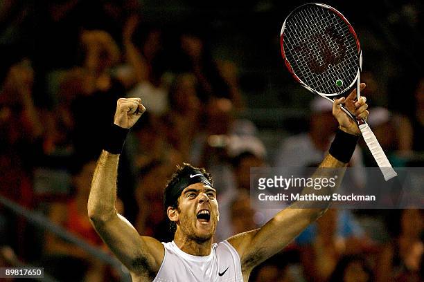 Juan Martin Del Potro of Argentina celebrates match point against Andy Roddick of the United States in the second set during the semifinals of the...