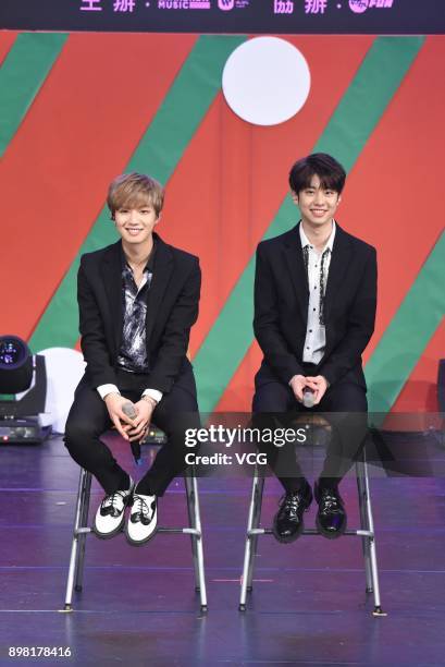 Singers Lim Young Min and Kim Dong Hyun of South Korean boy band MXM meet fans at Taipei International Convention Center on December 24, 2017 in...