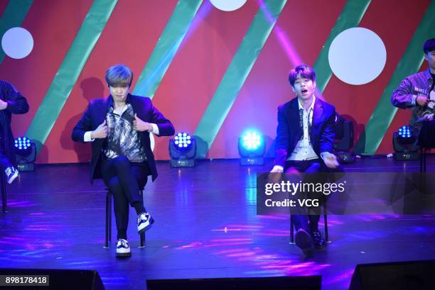 Singers Lim Young Min and Kim Dong Hyun of South Korean boy band MXM meet fans at Taipei International Convention Center on December 24, 2017 in...