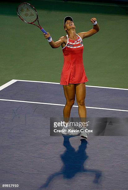Elena Dementieva of Russia reacts after losing a point to Jelena Jankovic of Serbia during the semifinals of the Western & Southern Financial Group...