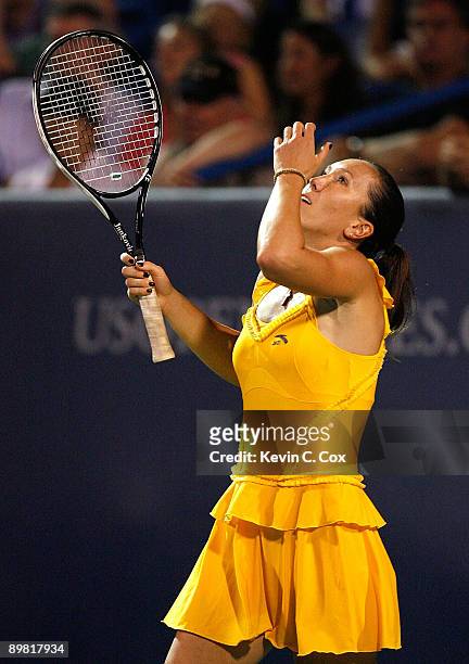 Jelena Jankovic of Serbia reacts after defeating Elena Dementieva of Russia during the semifinals of the Western & Southern Financial Group Women's...