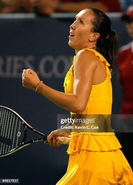 Jelena Jankovic of Serbia reacts after defeating Elena Dementieva of Russia during the semifinals of the Western & Southern Financial Group Women's...