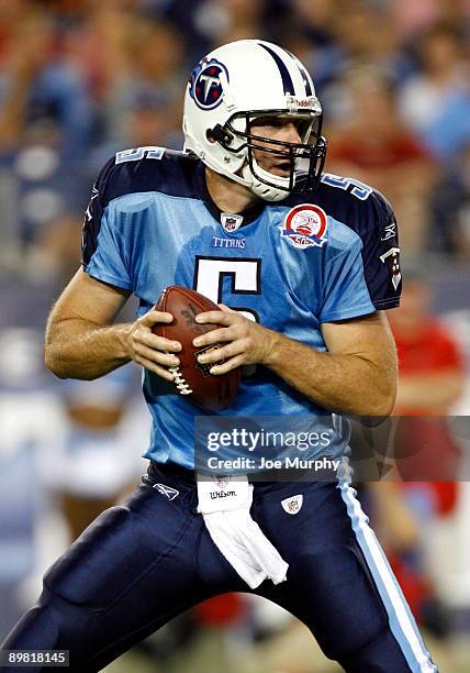 Kerry Collins of the Tennessee Titans looks to pass against the Tampa Bay Buccaneers during a preseason NFL game at LP Field on August 15, 2009 in...