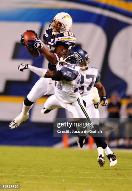 Malcolm Floyd of the San Diego Chargers catches the ball against the Seattle Seahawks during the preseason game on August 15, 2009 at Qualcomm...