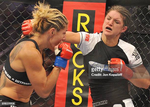 Cris Cyborg battles Gina Carano during their Middleweight Championship fight at Stikeforce: Carano vs. Cyborg on August 15, 2009 in San Jose,...