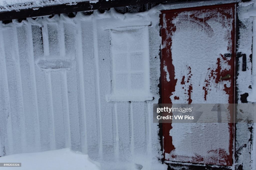 The entrance to Kjolihytta - a mountain hut owned by the Norwegian Trekking Association (DNT) in wintertime - Sylane in Norway