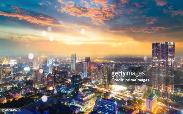 panoramic view cityscape business district from aerial view high building at dusk (bangkok, thailand) - 243 2013 stock pictures, royalty-free photos & images