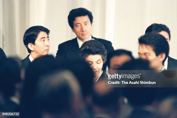 Liberal Democratic Party lawmaker Shinzo Abe is seen during the first anniversary memorial ceremony for late foreign minister Shintaro Abe on May 15,...