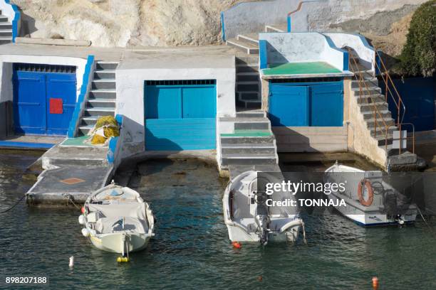 mandrakia seaside settlement, milos island, greece - trawler net stock pictures, royalty-free photos & images