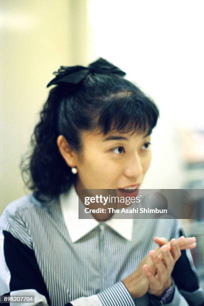 Peace Boat chief Kiyomi Tsujimoto speaks during the Asahi Shimbun interview on May 18, 1992 in Tokyo, Japan.