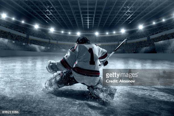 eishockey-torwart schützt das ziel. ansicht von hinten - ice hockey stock-fotos und bilder