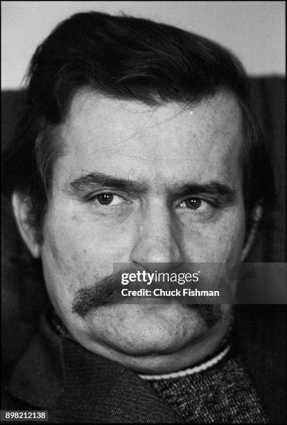 Close-up of Polish trade-unionist Lech Walesa at Solidarity headquarters, Gdansk, Poland, December 1980.