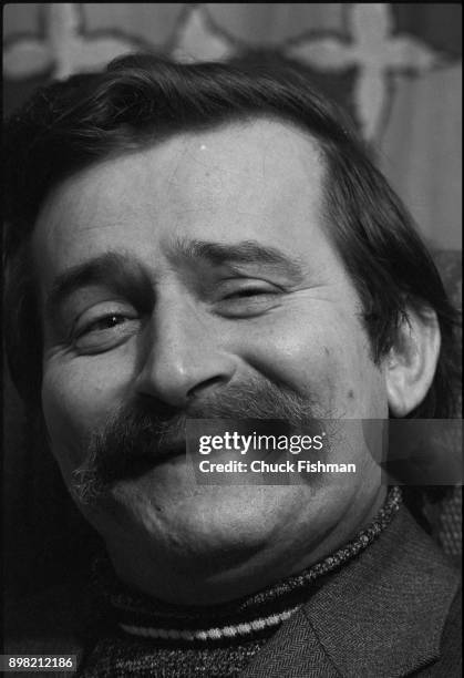 Close-up of Polish trade-unionist Lech Walesa as he laughs at Solidarity headquarters, Gdansk, Poland, December 1980.