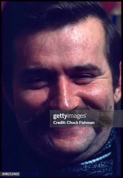 Close-up of Polish trade-unionist Lech Walesa at Solidarity headquarters, Gdansk, Poland, December 1980.